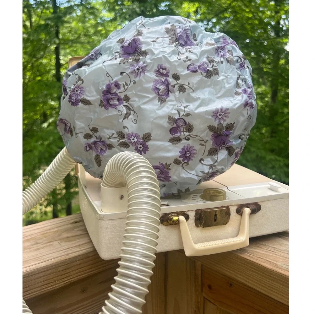 Hair Dryer Dominion 1960s‎ Portable Vanity Case White Floral Bonnet Vintage Tool